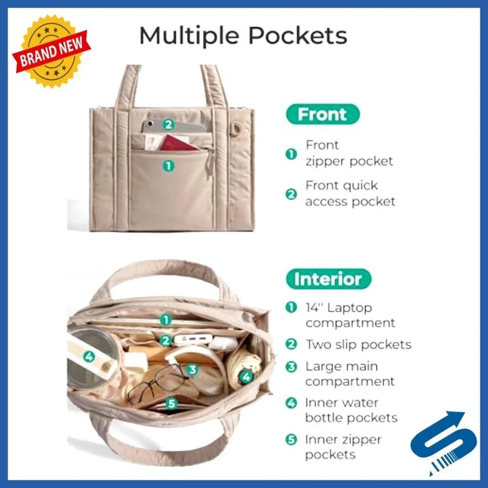 Quilted Crossbody Tote Bag with Zipper Multi-Pocket Lightweight Travel Work